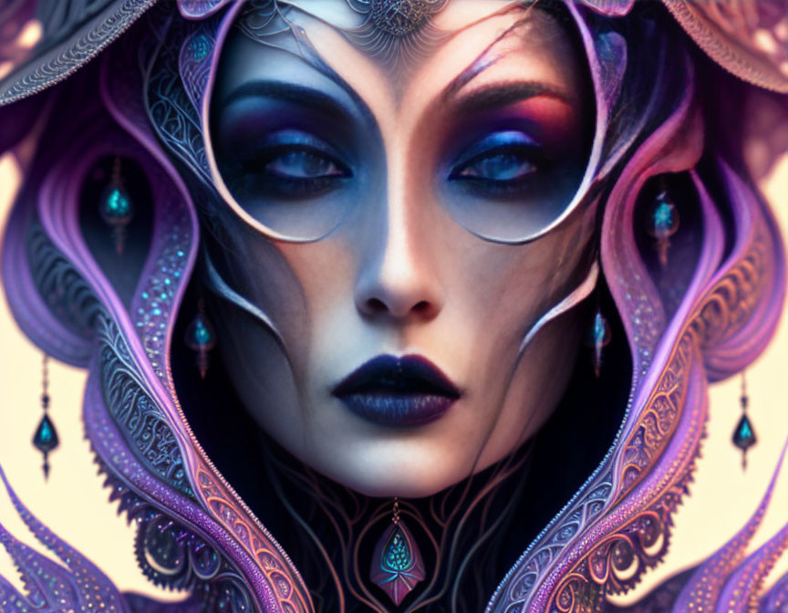 Intricate fantasy portrait with purple headpiece and elegant jewel adornments