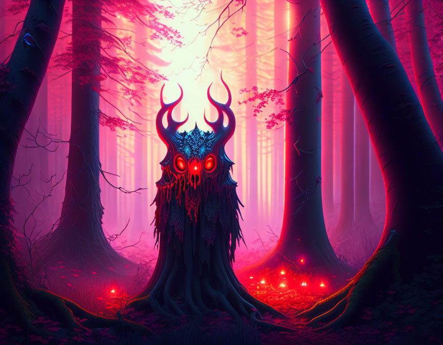 Enigmatic creature with glowing red eyes in mystic forest