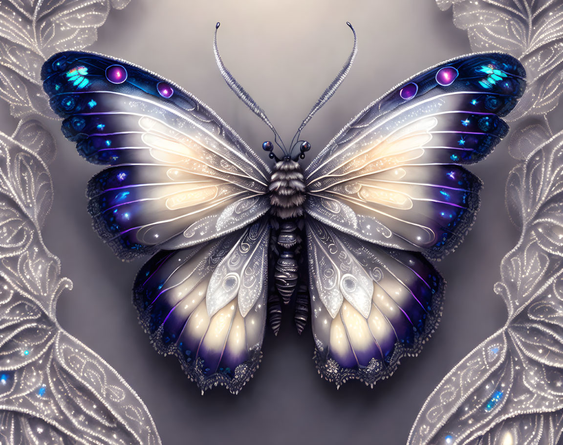 Fantasy butterfly digital artwork with jeweled wings in purple and blue