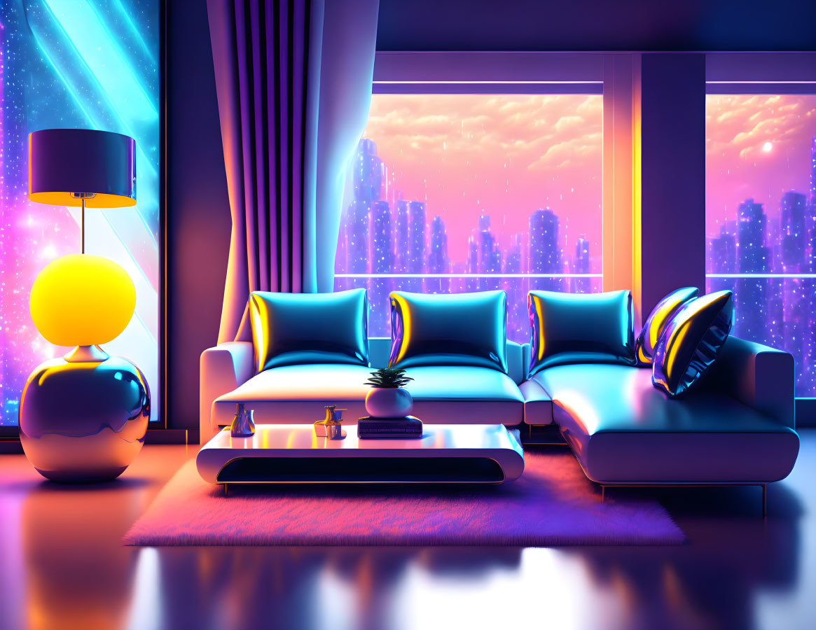 Modern Living Room with Neon Cityscape View and Blue Sofas