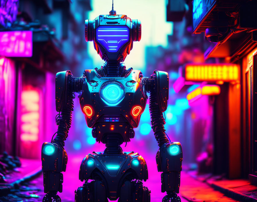 Futuristic robot with glowing blue elements in neon-lit cyberpunk alleyway