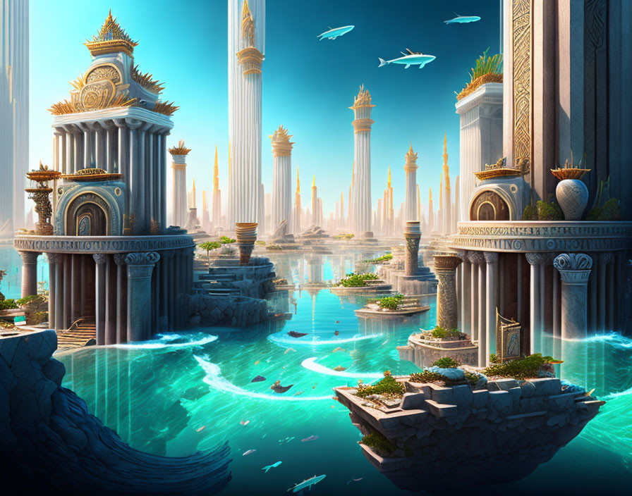 Mythical cityscape with soaring pillars and floating islands