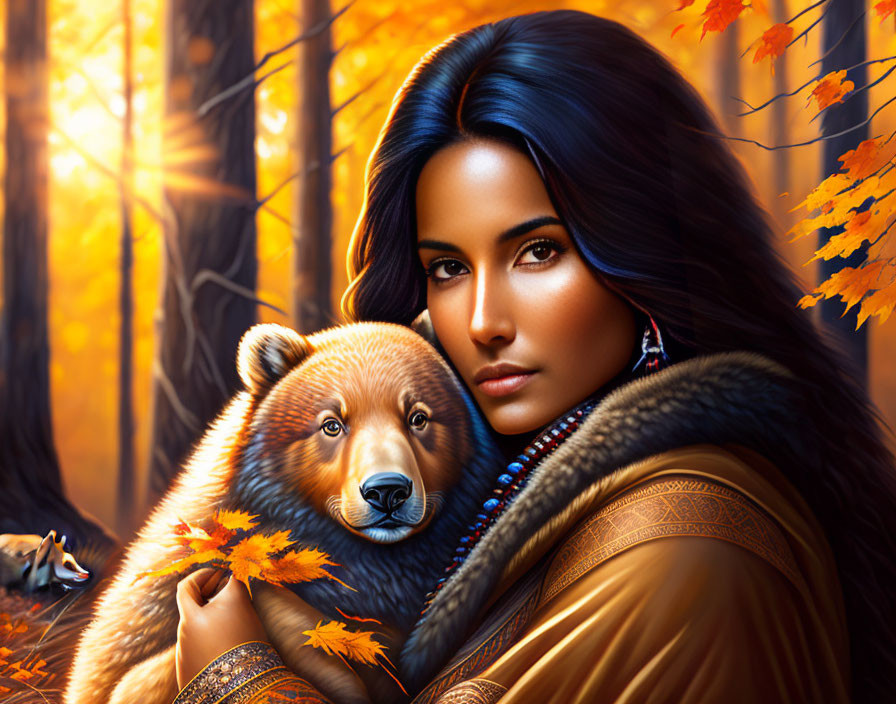 Dark-haired woman embracing young bear in vibrant autumn forest