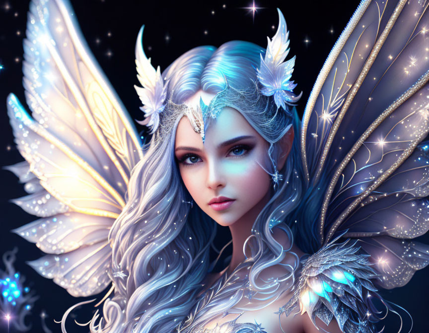 Fantasy digital artwork of a figure with butterfly wings and silver hair