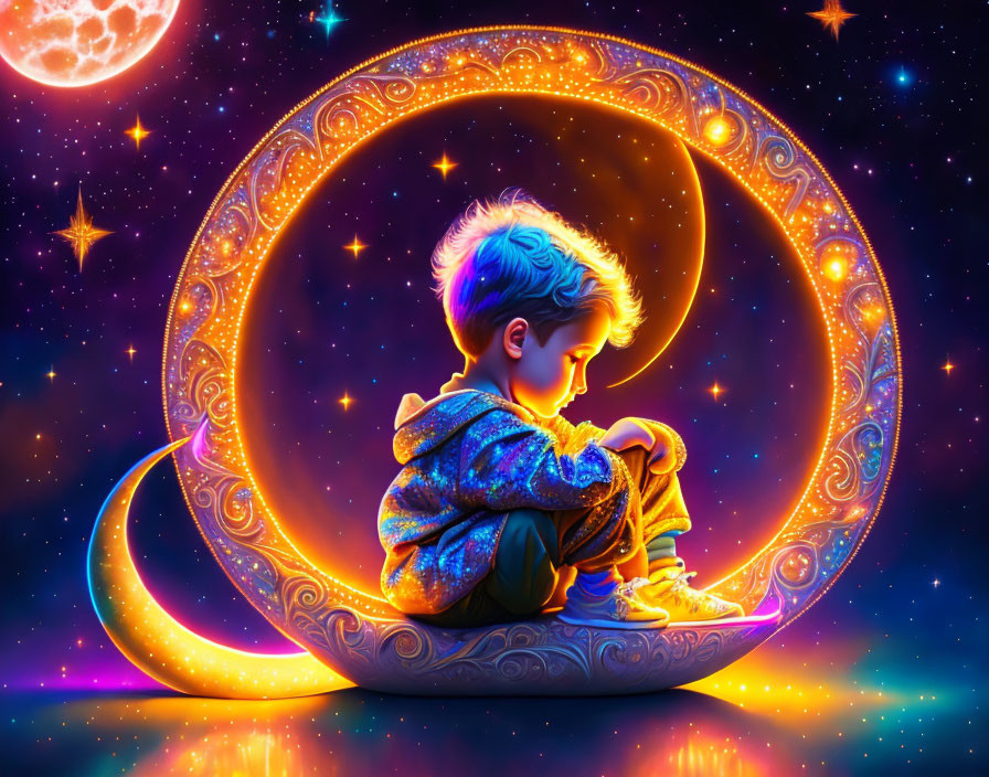 Child Sitting in Glowing Crescent Moon Amidst Starry Sky