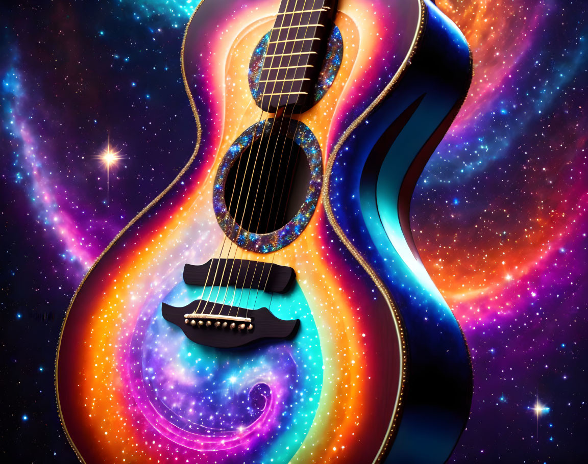 Colorful cosmic guitar illustration with galaxies, stars, and nebulae on space background