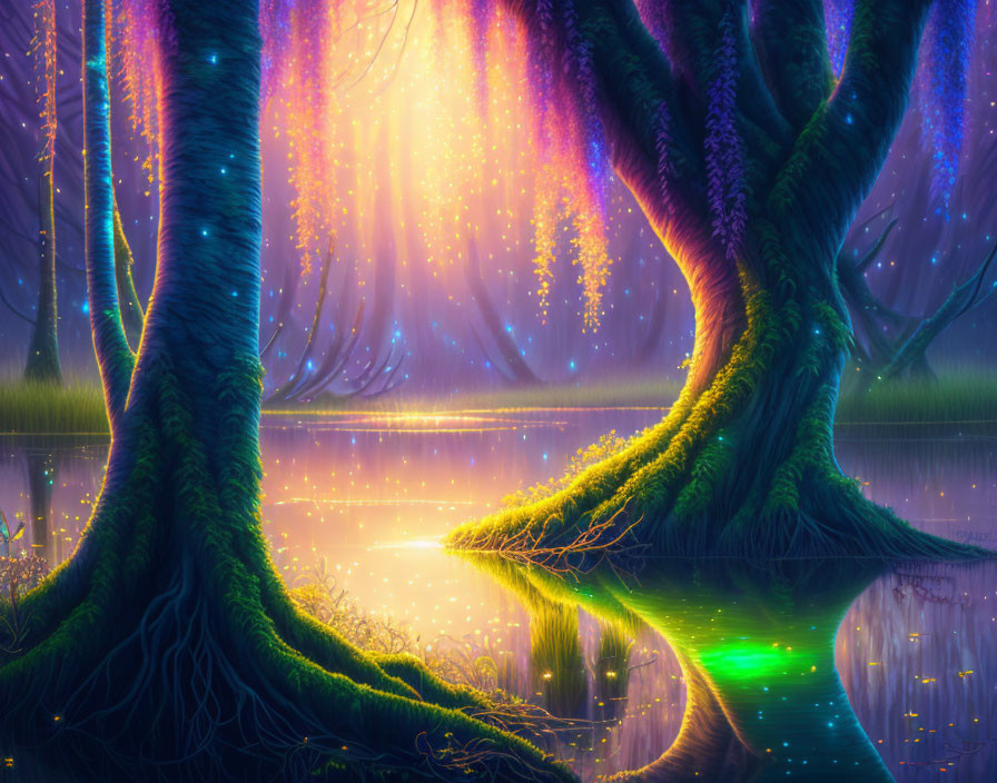 Mystical forest with glowing lights, twisted trees, and serene waters