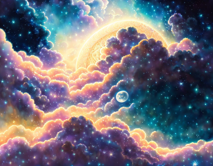 Colorful cosmic scene with pink and orange clouds, crescent moon, stars, and distant planet.