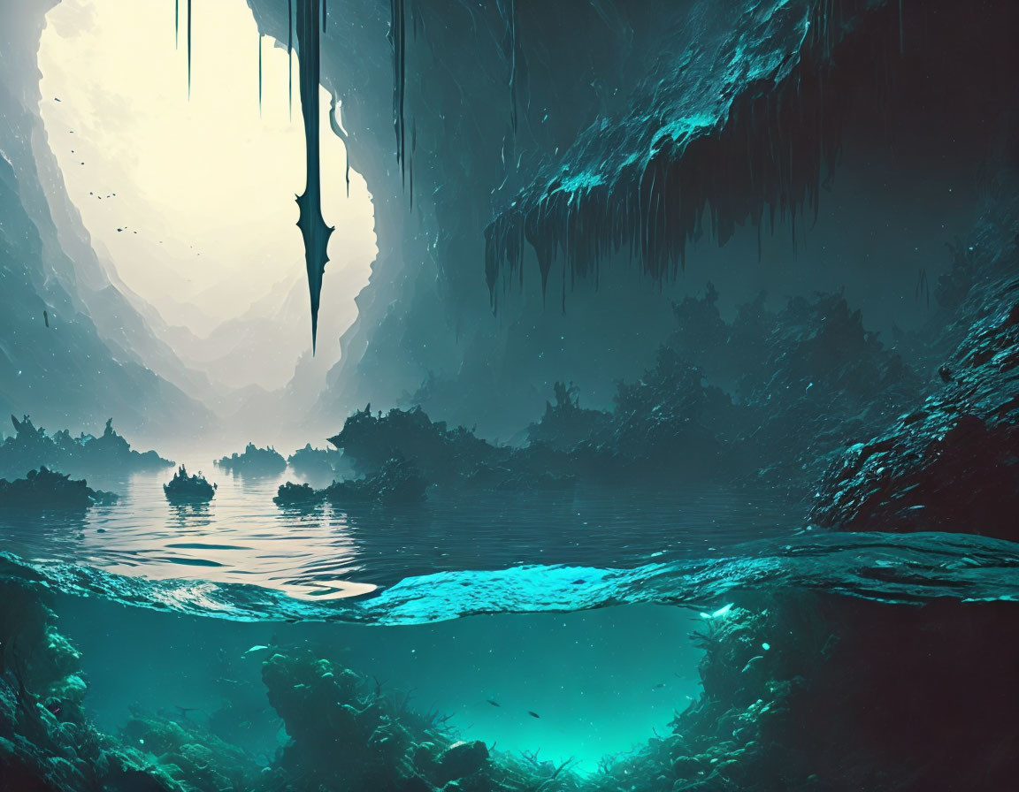 Mystical underwater cave with blue light and boats.