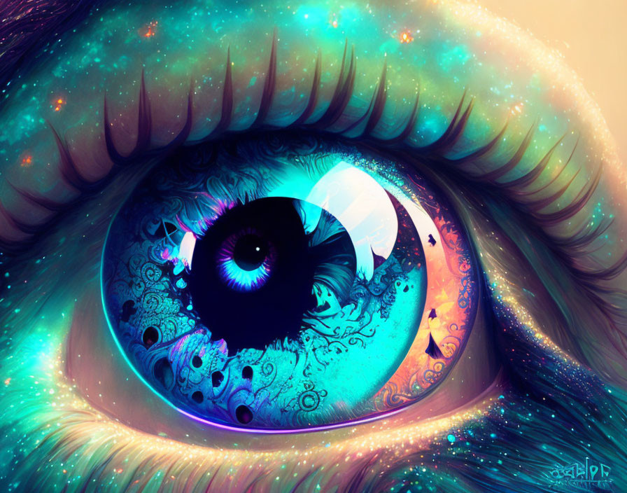 Close-up digital artwork of cosmic eye in blue and purple tones