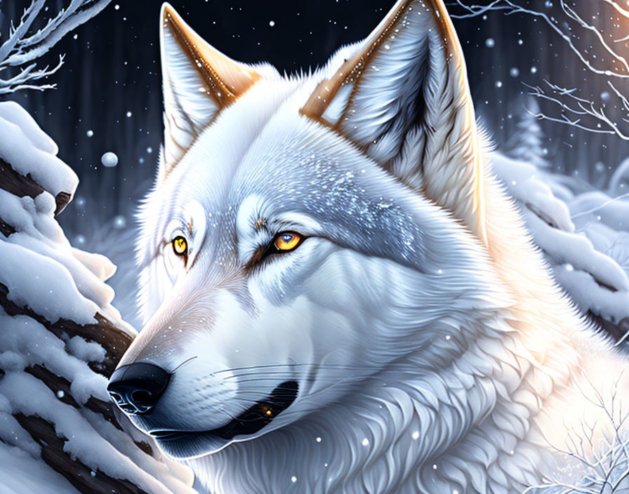 Majestic white wolf with yellow eyes in snowy landscape