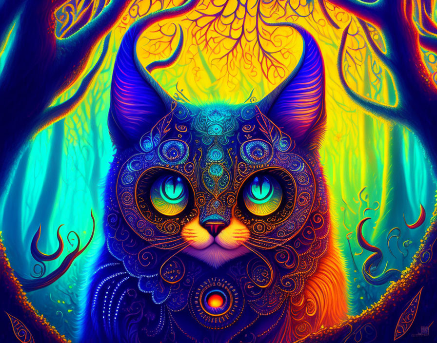 Colorful Digital Artwork: Blue-Patterned Cat in Psychedelic Forest