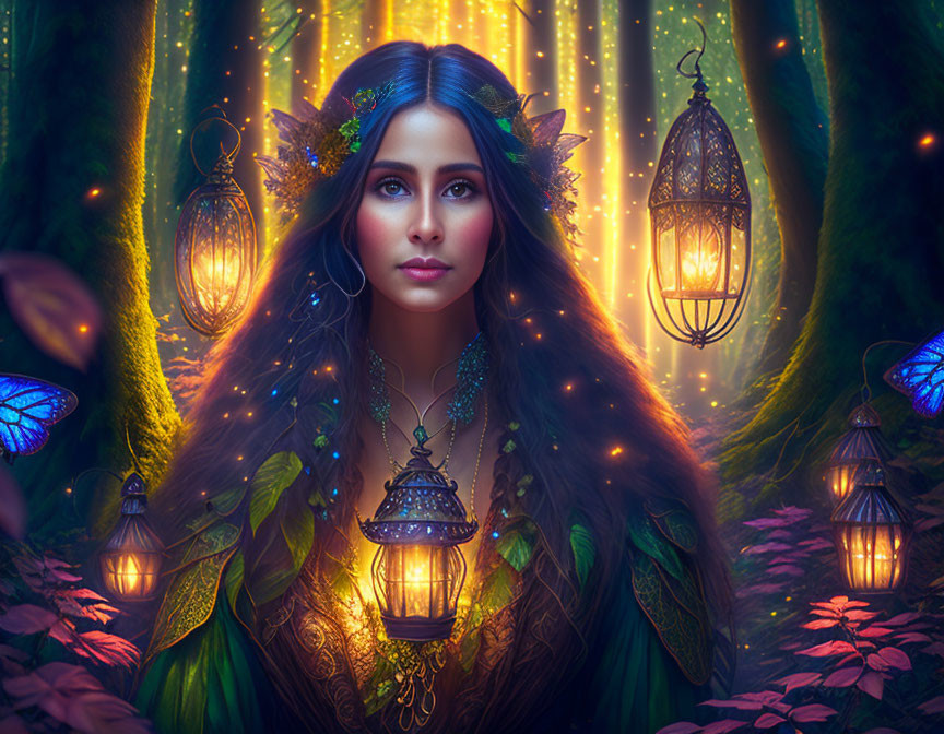 Mystical woman with elaborate headdress in enchanted forest setting