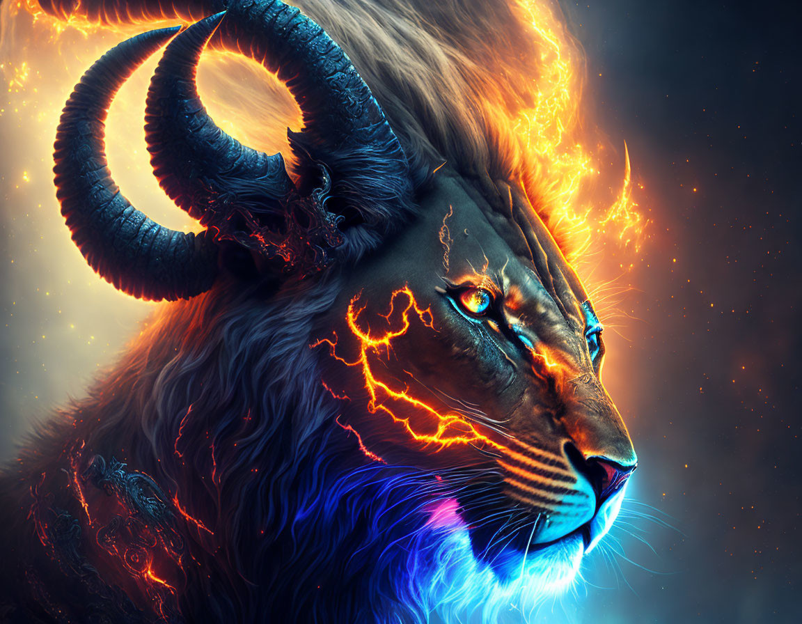 Majestic lion with fiery mane, electric blue highlights, curled horns, and crackling energy patterns