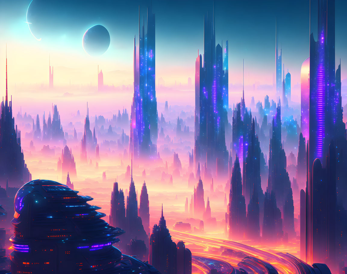 Futuristic cityscape with glowing towers, moon, planet, and bustling traffic.