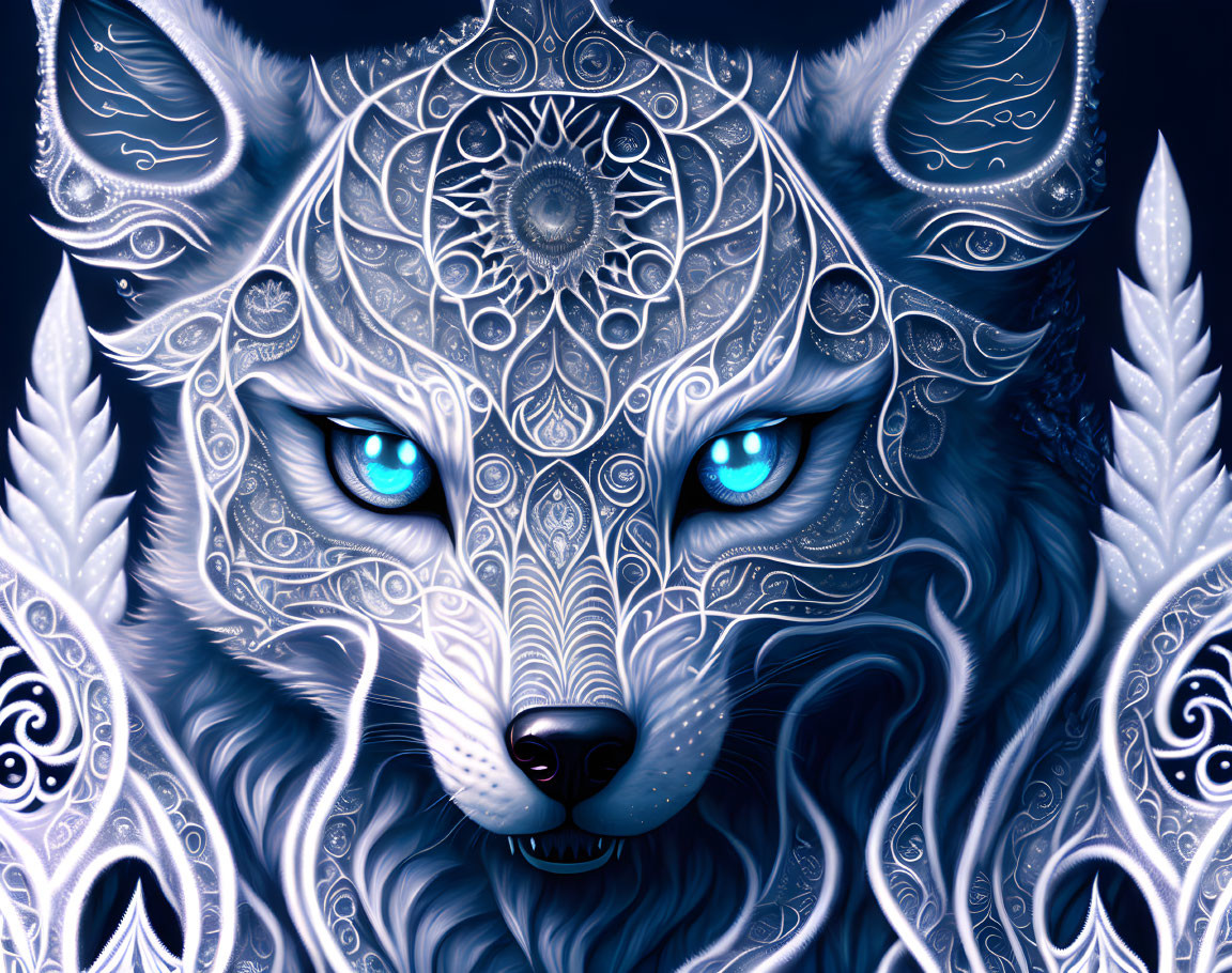 Mystical blue wolf with intricate white patterns and blue eyes