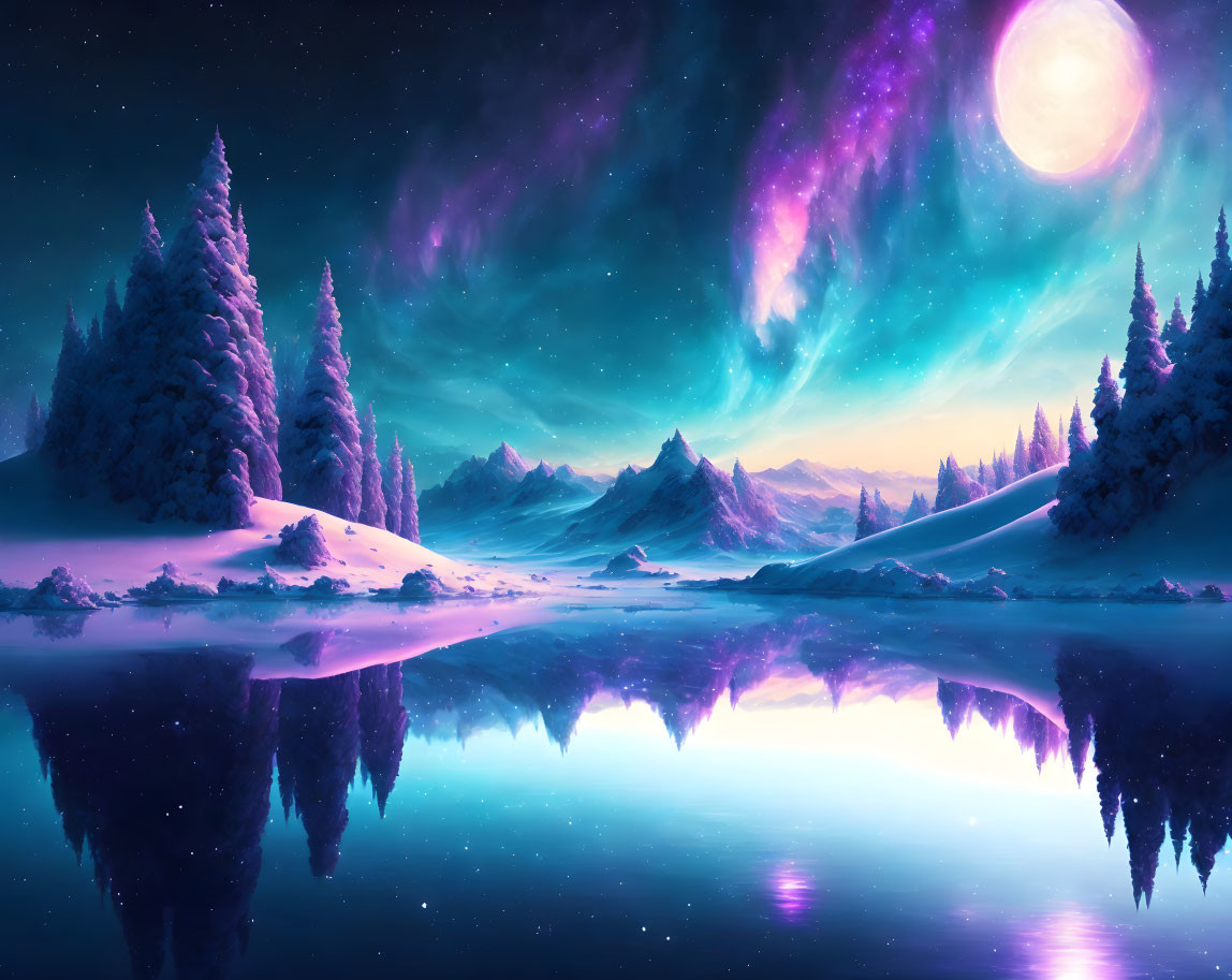 Scenic nightscape with purple aurora over snowy mountains, lake, pine trees, and moon.