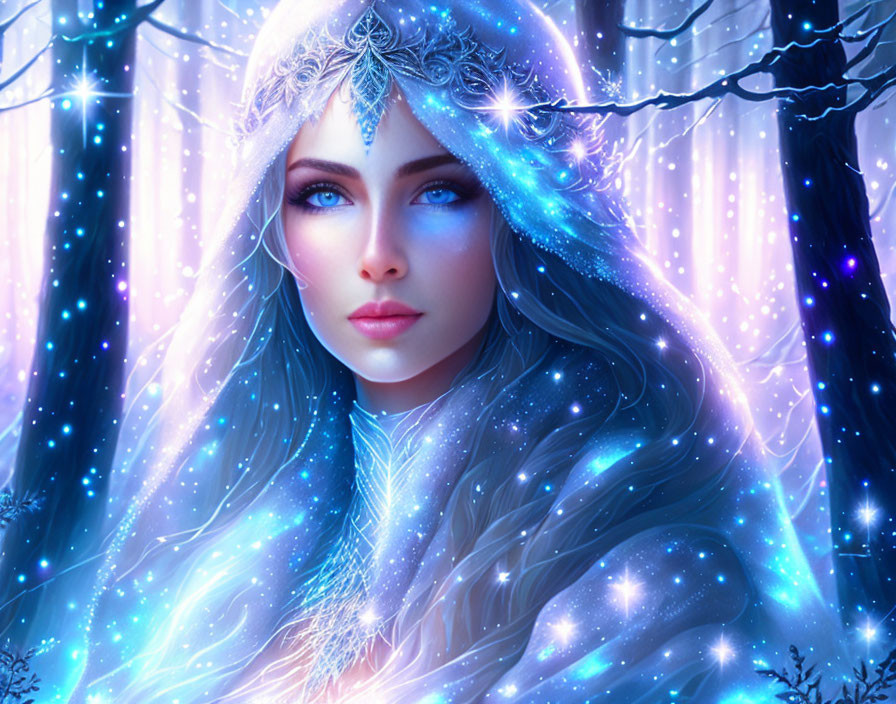 Ethereal figure with blue eyes and silver hair in starlit blue cloak in wintry forest