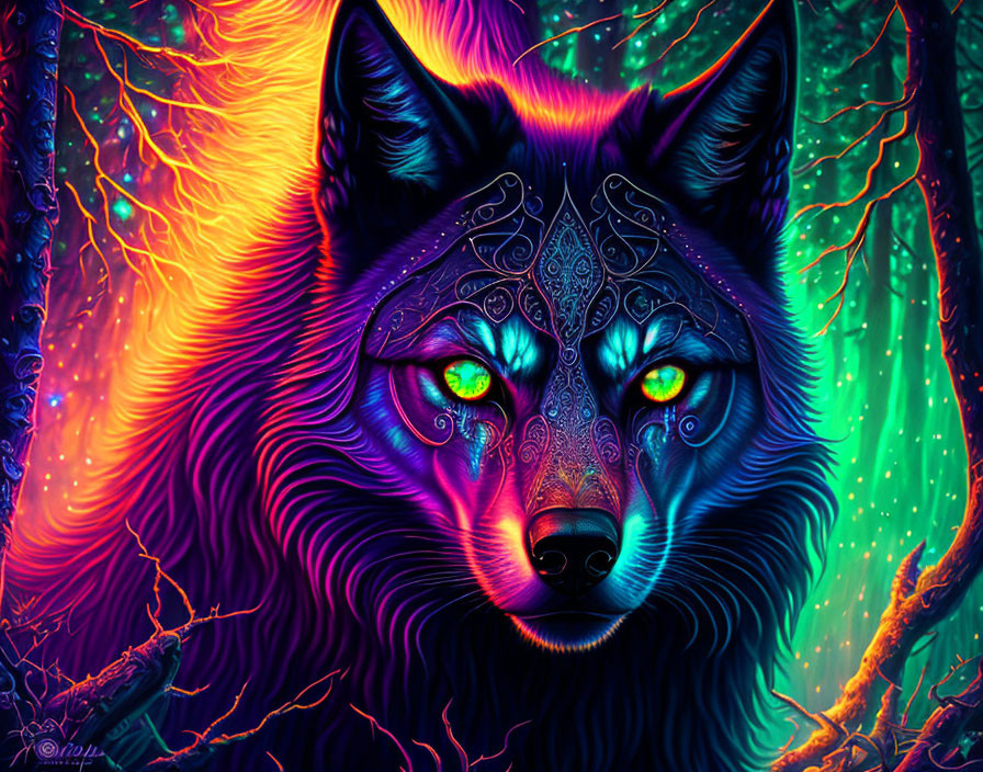 Colorful digital art of a wolf with intricate patterns in a neon-lit forest