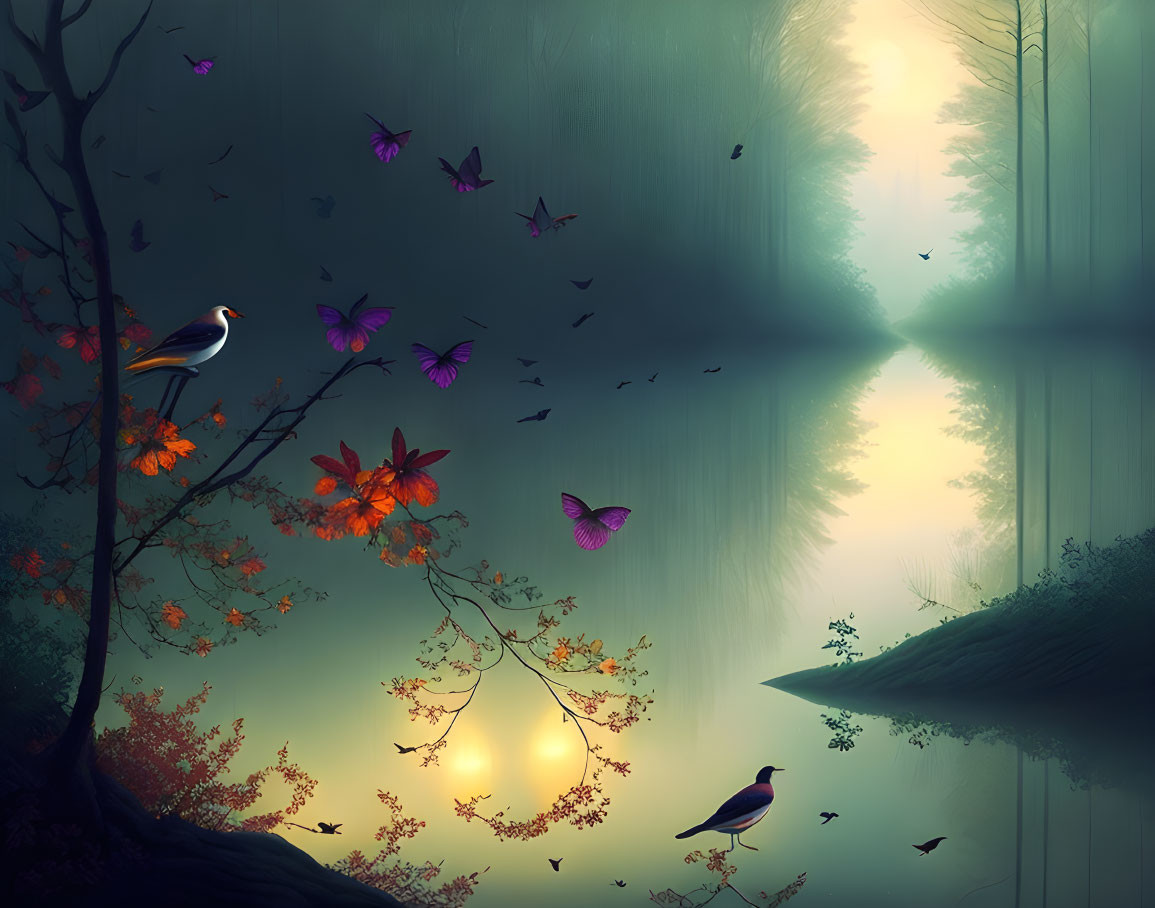 Vibrant forest scene with colorful birds, orange foliage, and purple butterflies