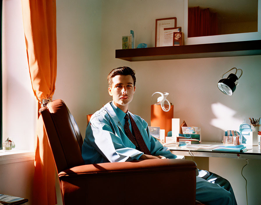 Man in Blue Suit Sitting at Desk in Warmly Lit Room