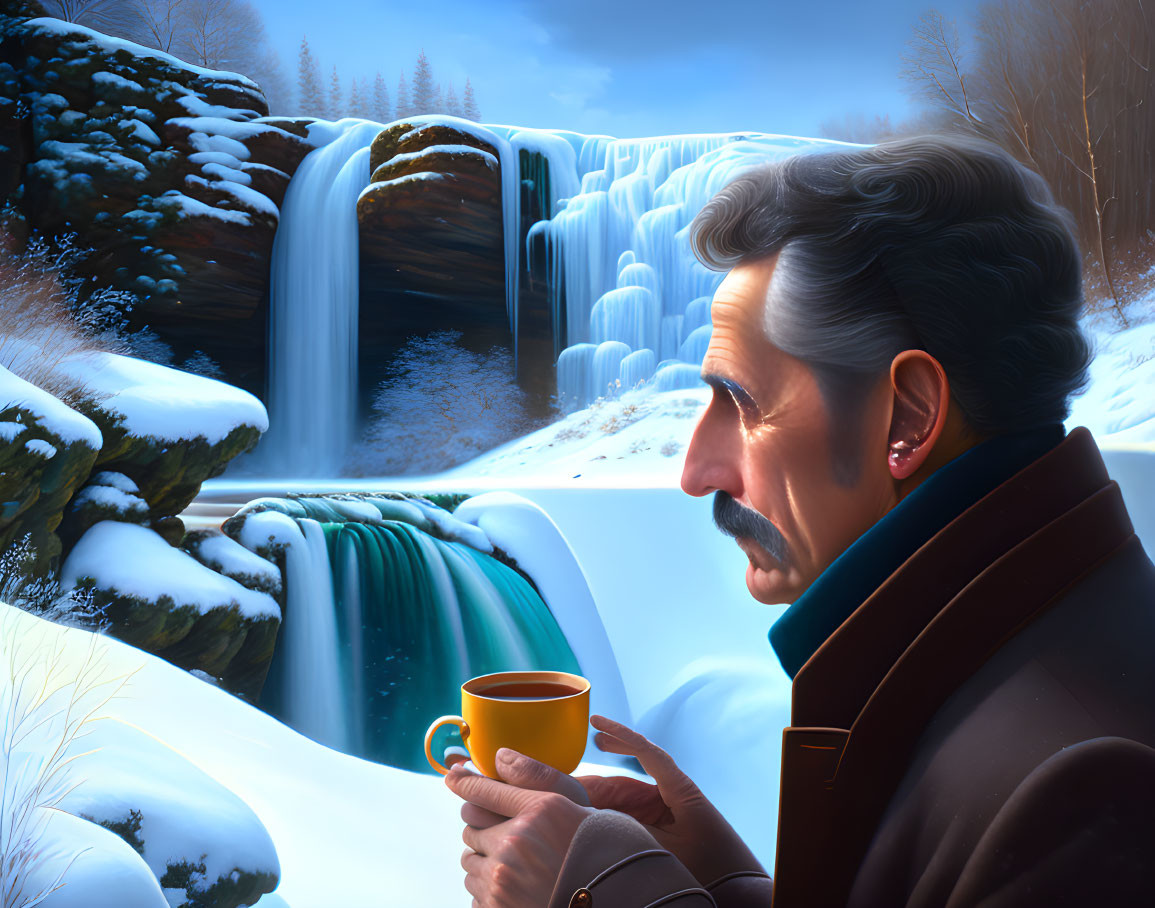 Mustached man in winter coat savoring hot drink by frozen waterfall