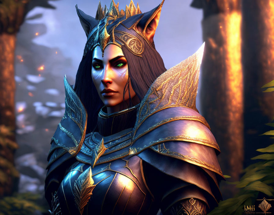 Fantasy female character with pointed ears and golden headgear in detailed armor against mystical forest.