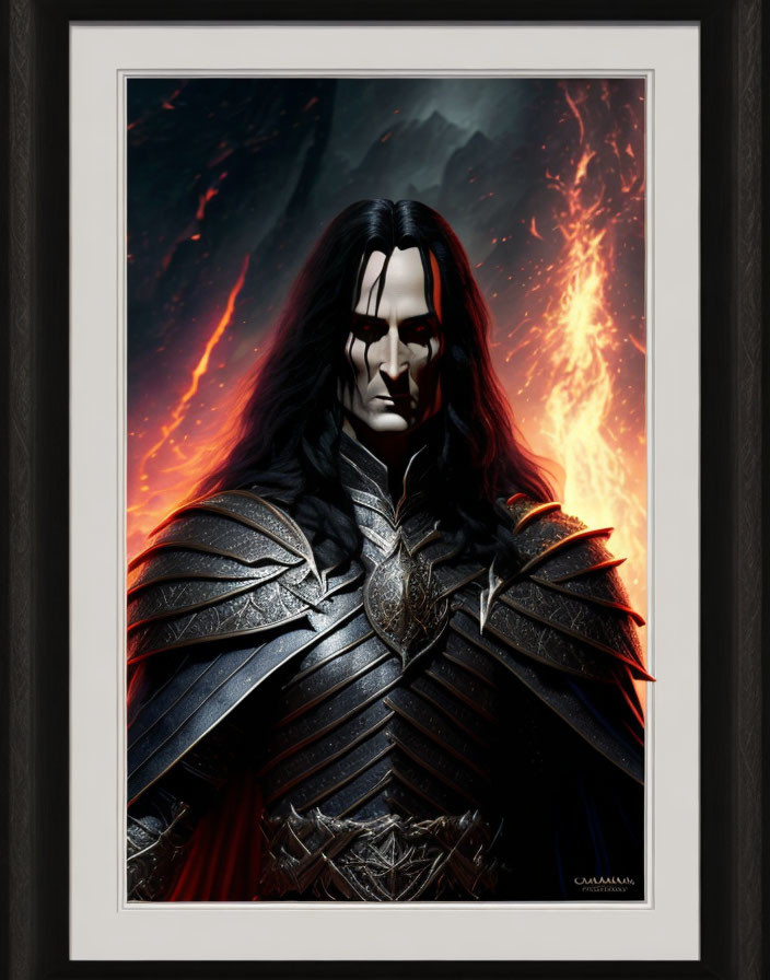 Dark-armored figure with long hair in fiery backdrop.