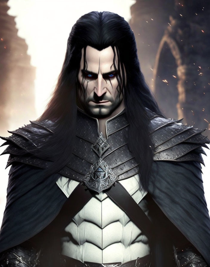 Male character in dark armor with intense eyes against gloomy backdrop