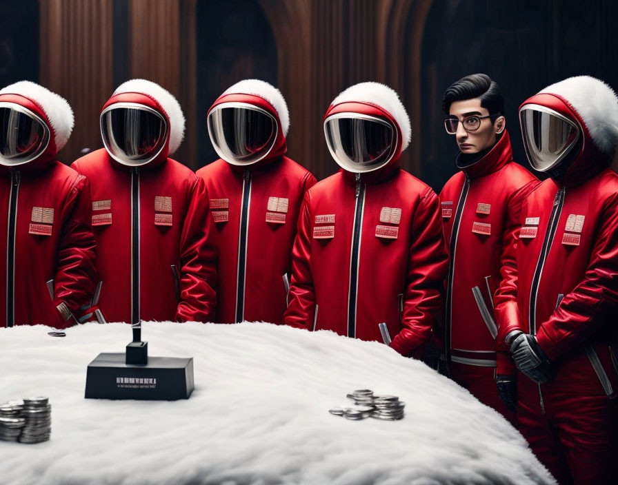 Group of individuals in red astronaut suits around a table, one person stands out.