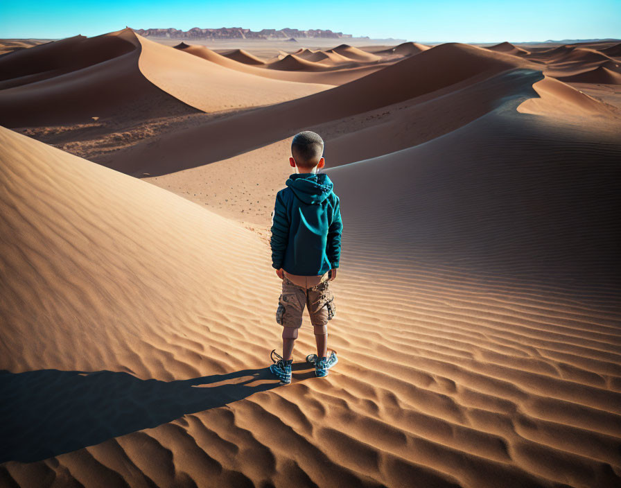 Child on Desert Dune Looking at Vast Landscape