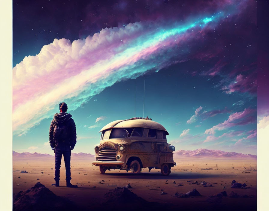 Person standing in desert by vintage van under multicolored cosmic event