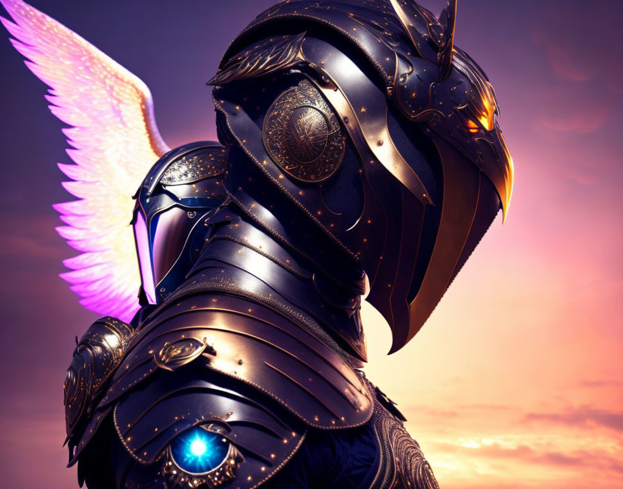 Majestic figure in black armor with glowing wings against purple sky