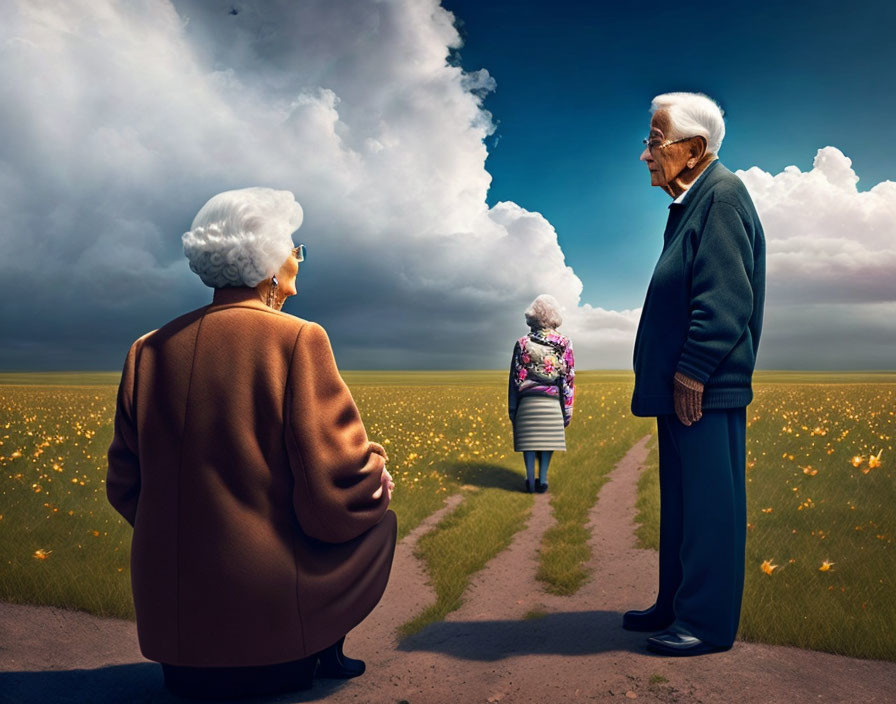 Elderly couple watches younger selves in surreal field