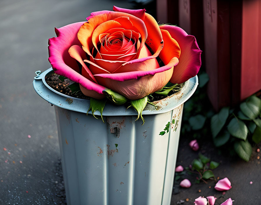 Colorful Rose Flower on White Trash Can with Scattered Petals