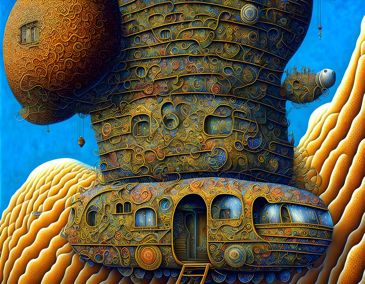 Detailed surreal organic structure with metallic textures on blue sky