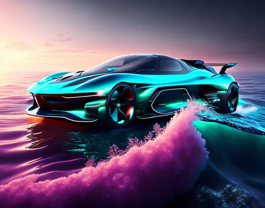 Futuristic car with sleek design gliding over water at dusk