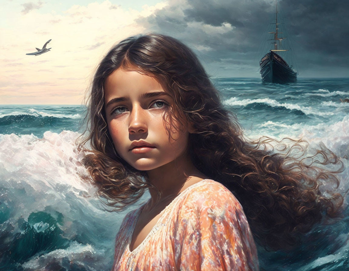 Young girl with wavy hair by the sea with ship and bird in stormy sky