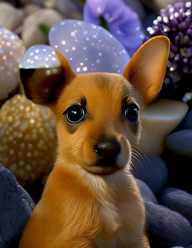 Shiny-eyed digital puppy surrounded by colorful stones and flowers