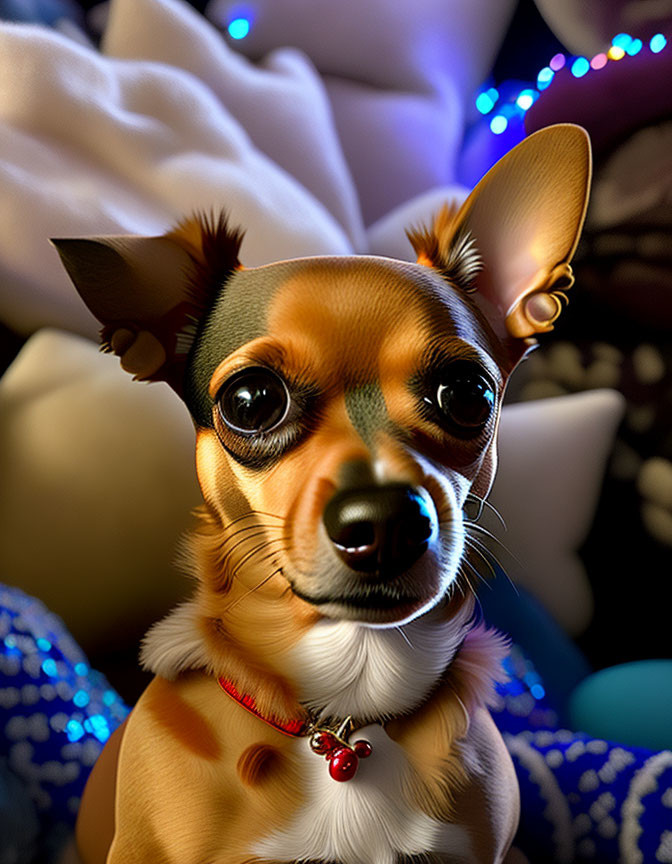 Shiny-coated Chihuahua in red collar among colorful bokeh lights