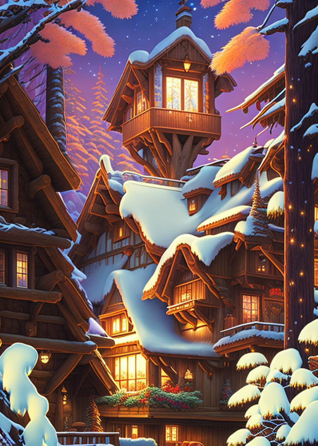 Snow-covered village with glowing windows in twilight