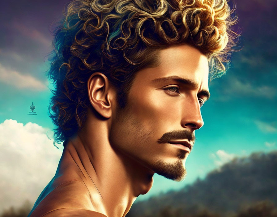 Stylized man with curly hair in pensive pose against cloudy sky