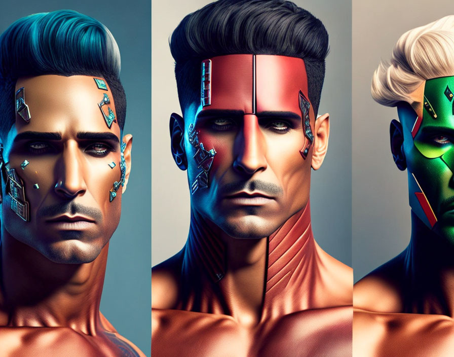 Male face with cybernetic enhancements and colorful designs on gradient background.