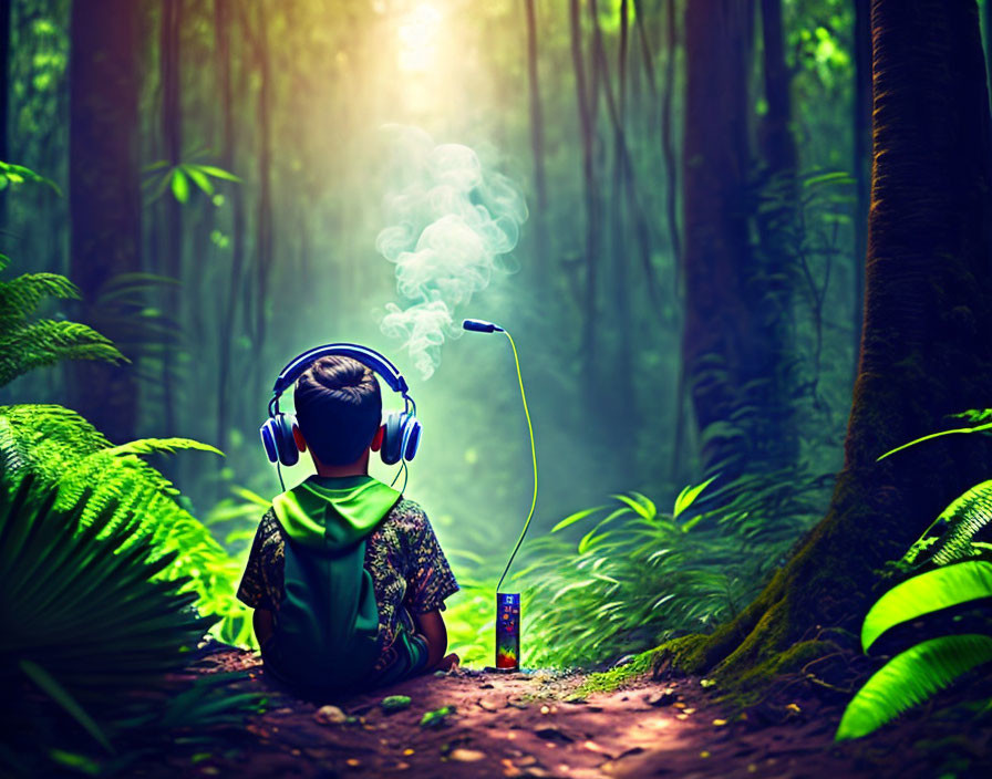 Person with headphones in lush forest with sunlight and mosquito repellent coil.