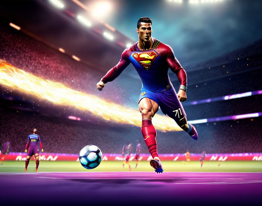 Digital artwork of soccer player in Superman costume dribbling ball on vibrant pitch with stadium lights and player in