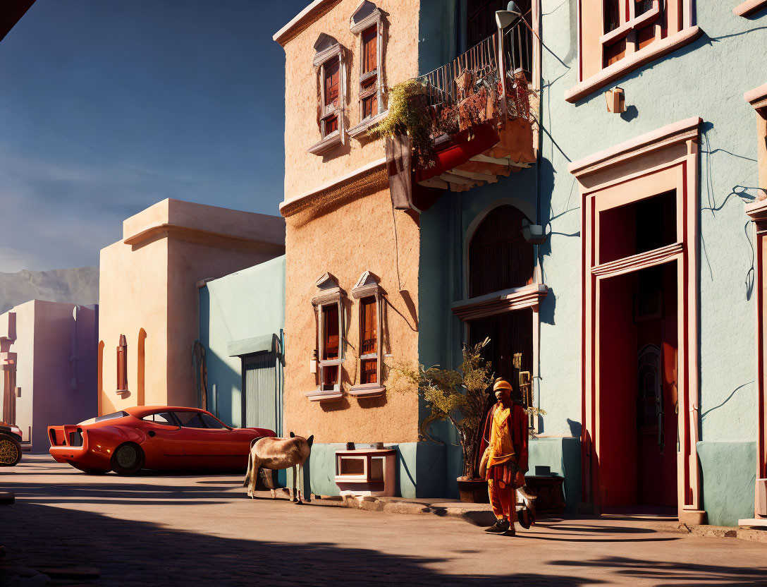 Vibrant scene: person in orange attire, colorful buildings, red sports car, and roaming horse