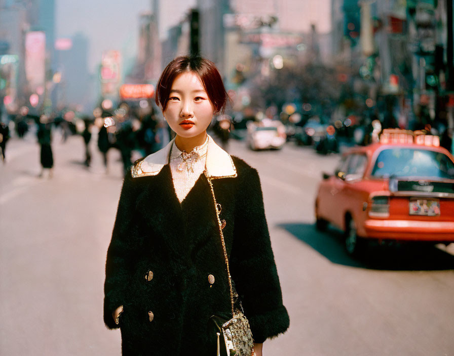 Woman in Black Coat with Fur Collar on Busy City Street