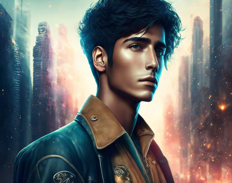 Young man in leather jacket against futuristic cityscape portrait.