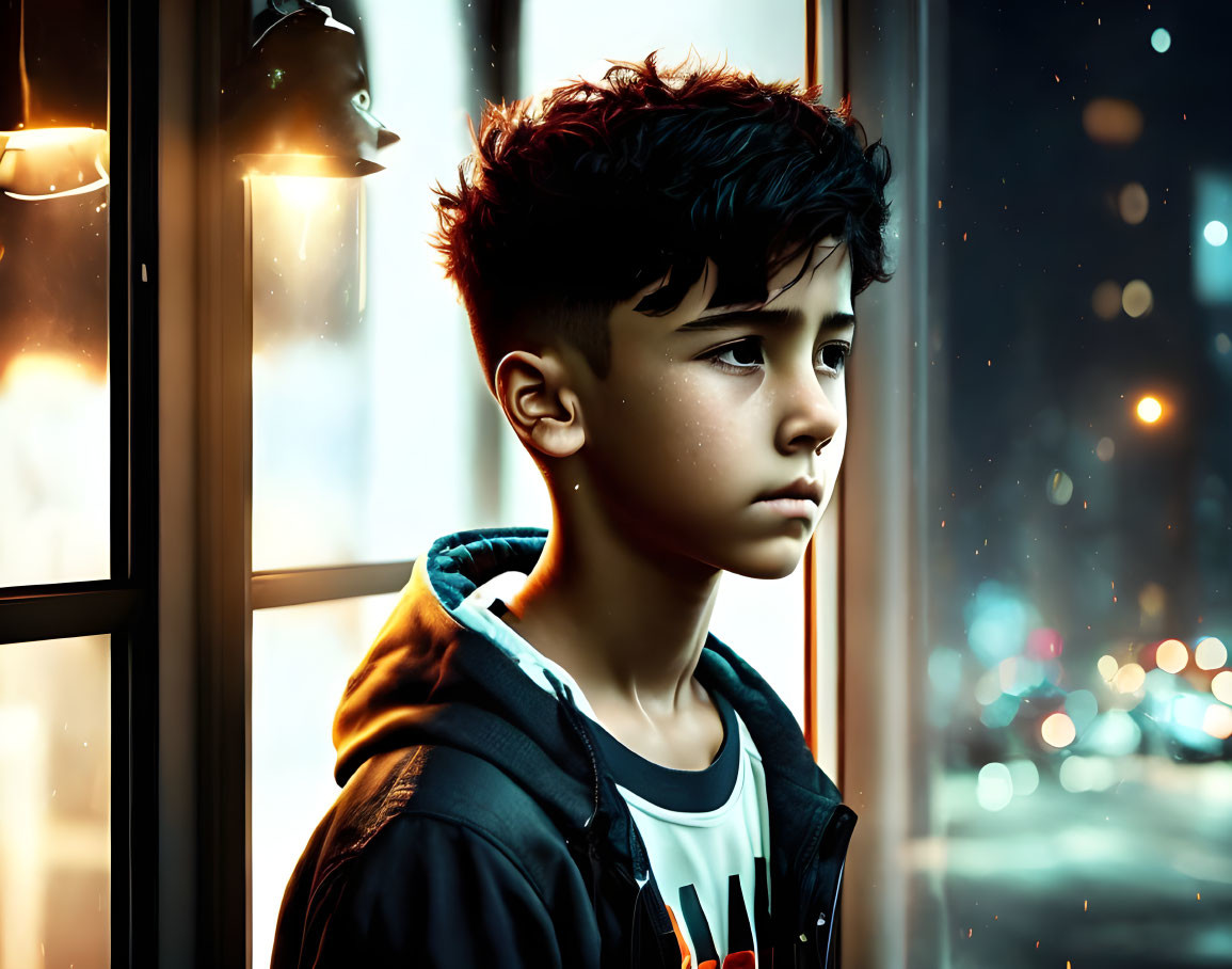 Dark-haired boy gazes out rainy window at city lights