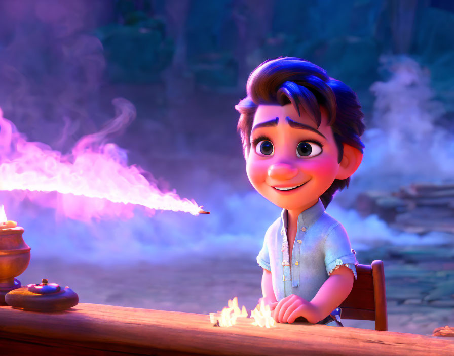 Animated boy watching purple fire in glowing background